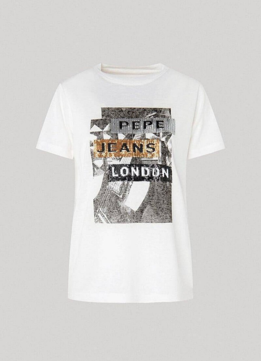 Donna PEPE JEANS T-Shirts | Catrina Tee - T-Shirt Con Logo In Paillettes