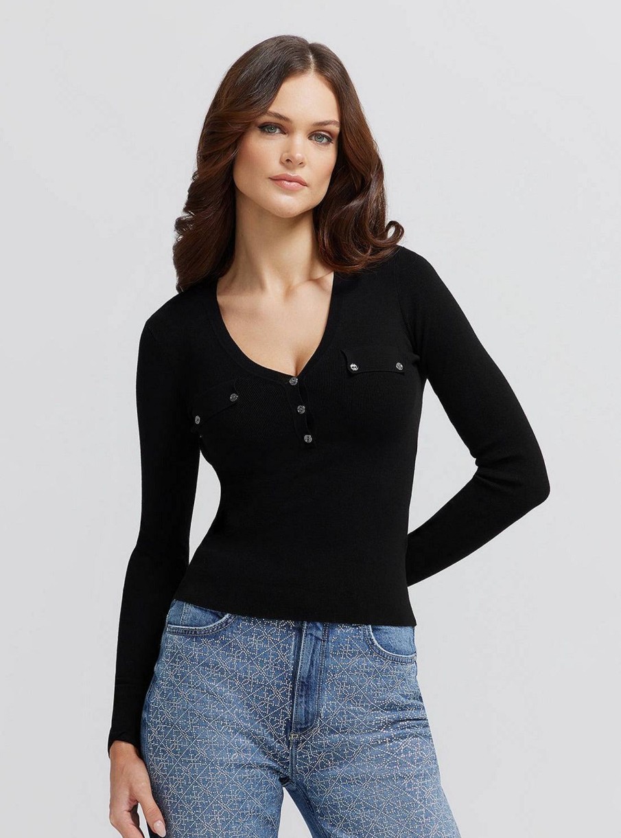 Donna GUESS Pullover E Cardigan | Flavie Henley Sweater - Maglia Scollo A V