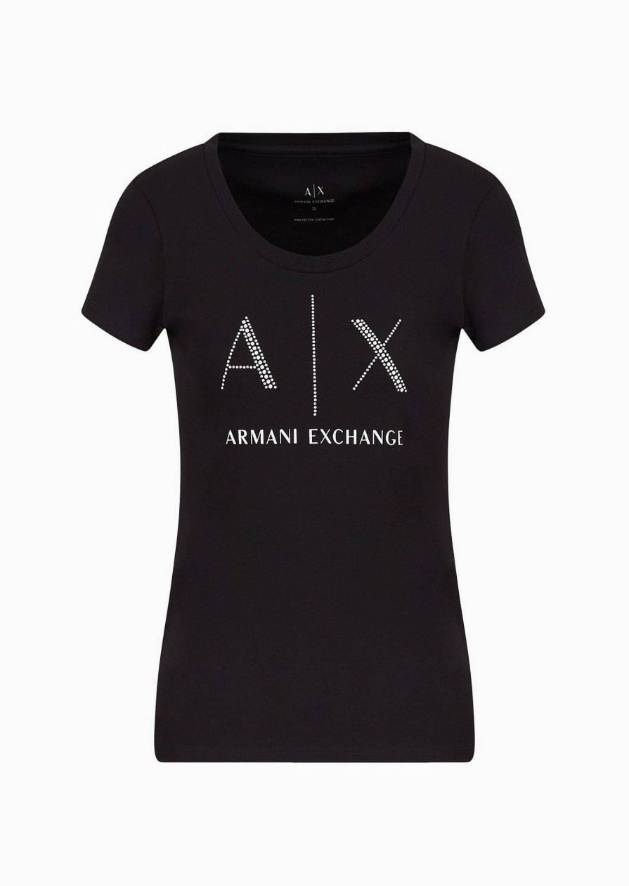 Donna ARMANI EXCHANGE T-Shirts | T-Shirt Girocollo Con Logo In Borchie