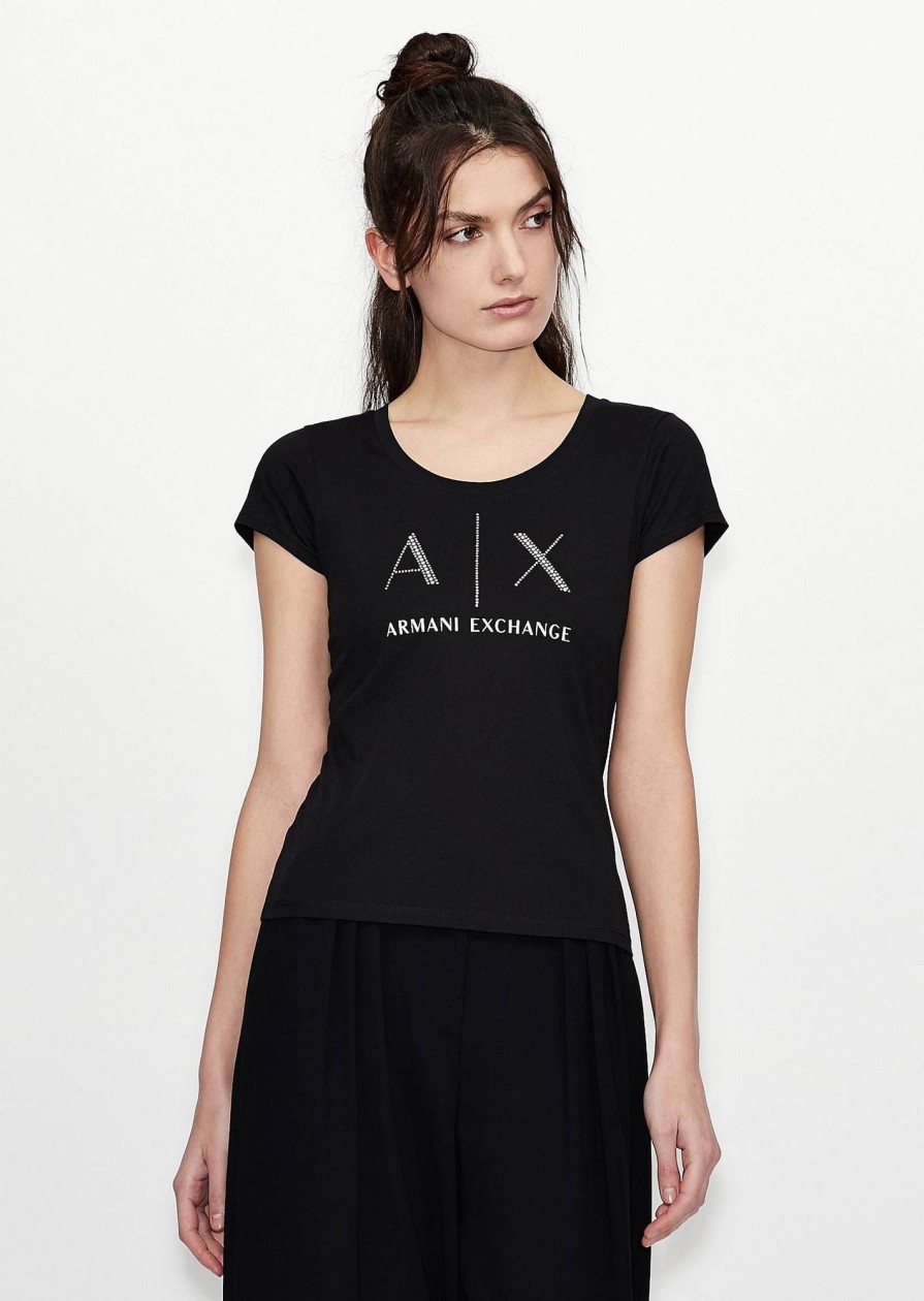 Donna ARMANI EXCHANGE T-Shirts | T-Shirt Girocollo Con Logo In Borchie