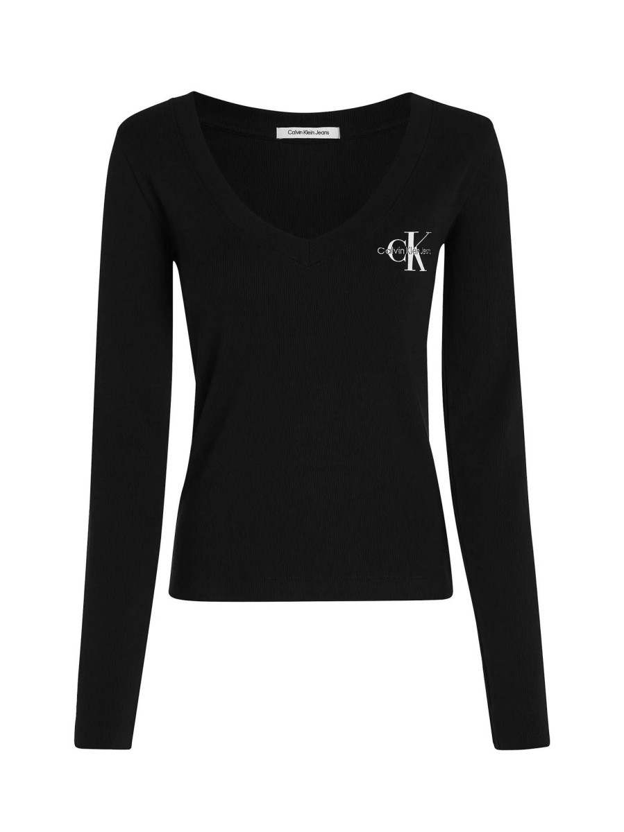 Donna CALVIN KLEIN JEANS T-Shirts | Rib V-Neck Monologo Long Sleeve - Maglia