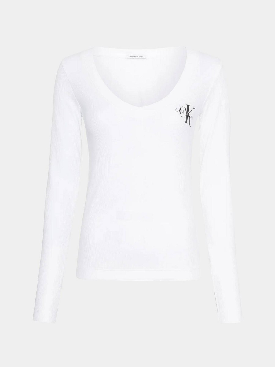 Donna CALVIN KLEIN JEANS T-Shirts | Rib V-Neck Monologo Long Sleeve - Maglia