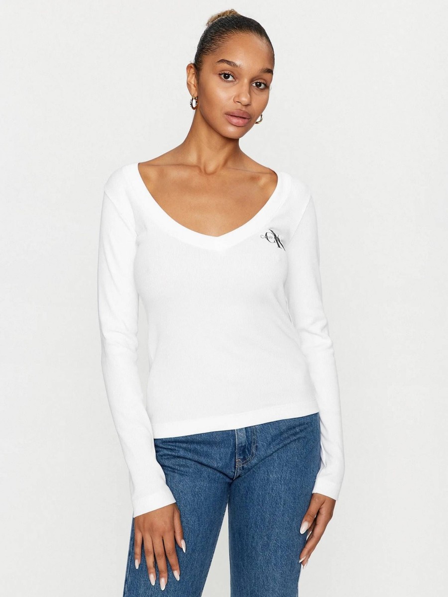 Donna CALVIN KLEIN JEANS T-Shirts | Rib V-Neck Monologo Long Sleeve - Maglia