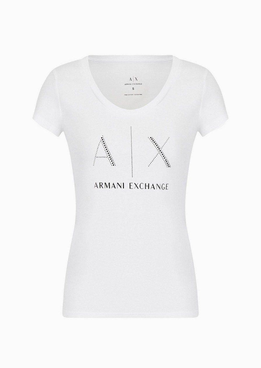 Donna ARMANI EXCHANGE T-Shirts | T-Shirt Girocollo Con Logo In Borchie