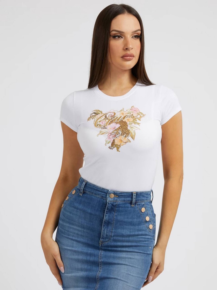 Donna GUESS T-Shirts | Tee Hibiscus Logo R4 - T-Shirt Logo Floreale