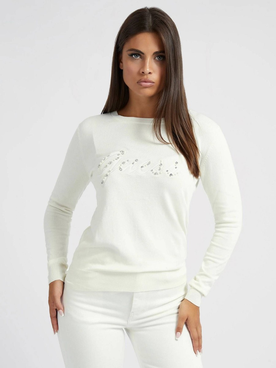 Donna GUESS Pullover E Cardigan | Liliane Rn Ls Sweater - Maglione Logo Strass