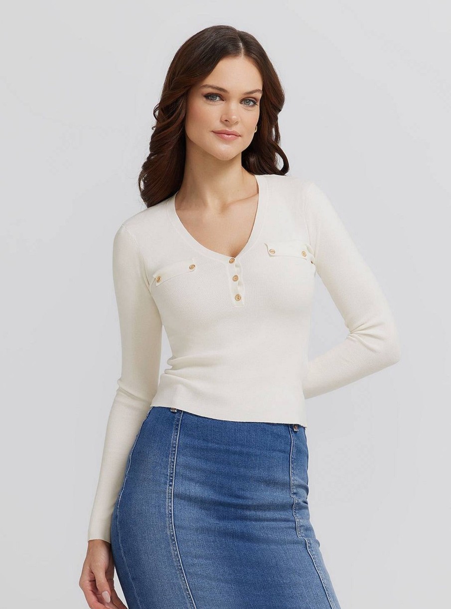 Donna GUESS Pullover E Cardigan | Flavie Henley Sweater - Maglia Scollo A V