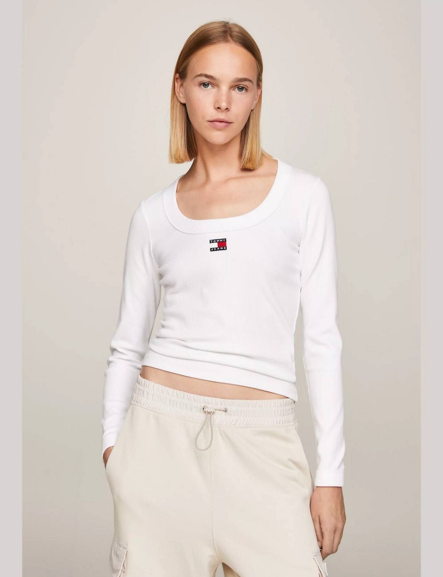 Donna TOMMY HILFIGER T-Shirts | Slim Badge Rib Tee Ls - T-Shirt A Manica Lunga